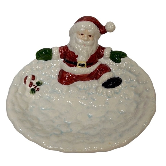 Santa on Snow Soap Dish/Candy Tray Christmas White/Red/Black Porcelain EUC - Picture 1 of 6